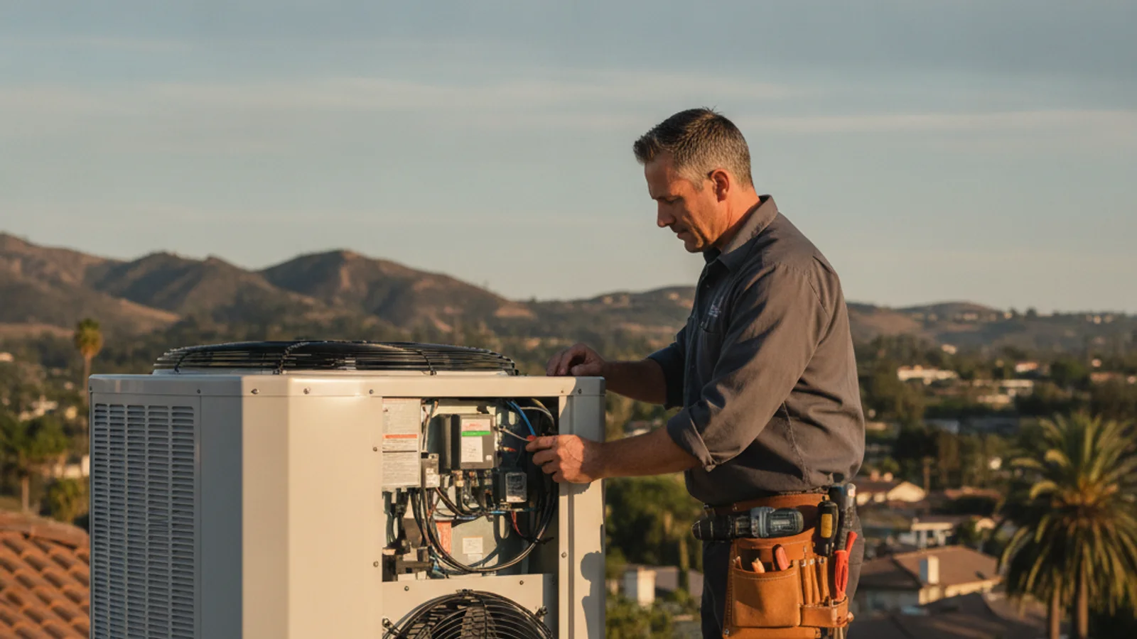 Homeowner clearing leaves and debris from around an outdoor heat pump unit beside a Vista California home