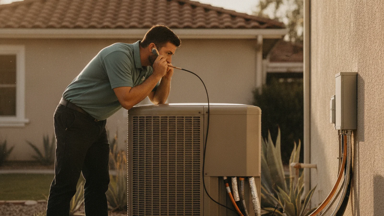 Outdoor heat pump unit at a San Diego home with a technician listening for unusual sounds