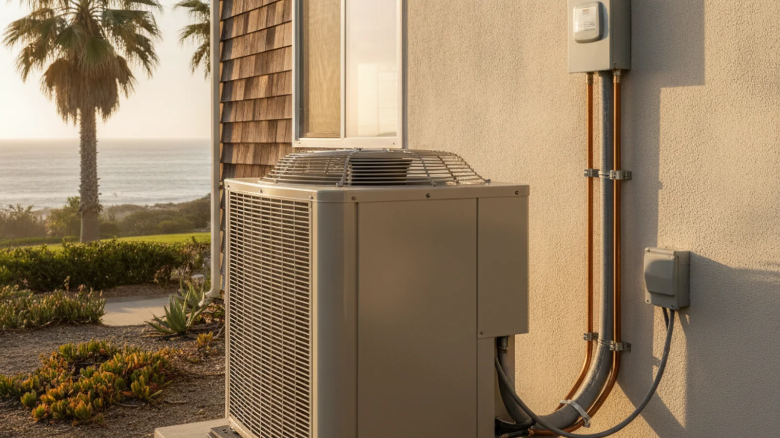 Outdoor heat pump unit at the side of a coastal San Diego home with refrigerant lines visible