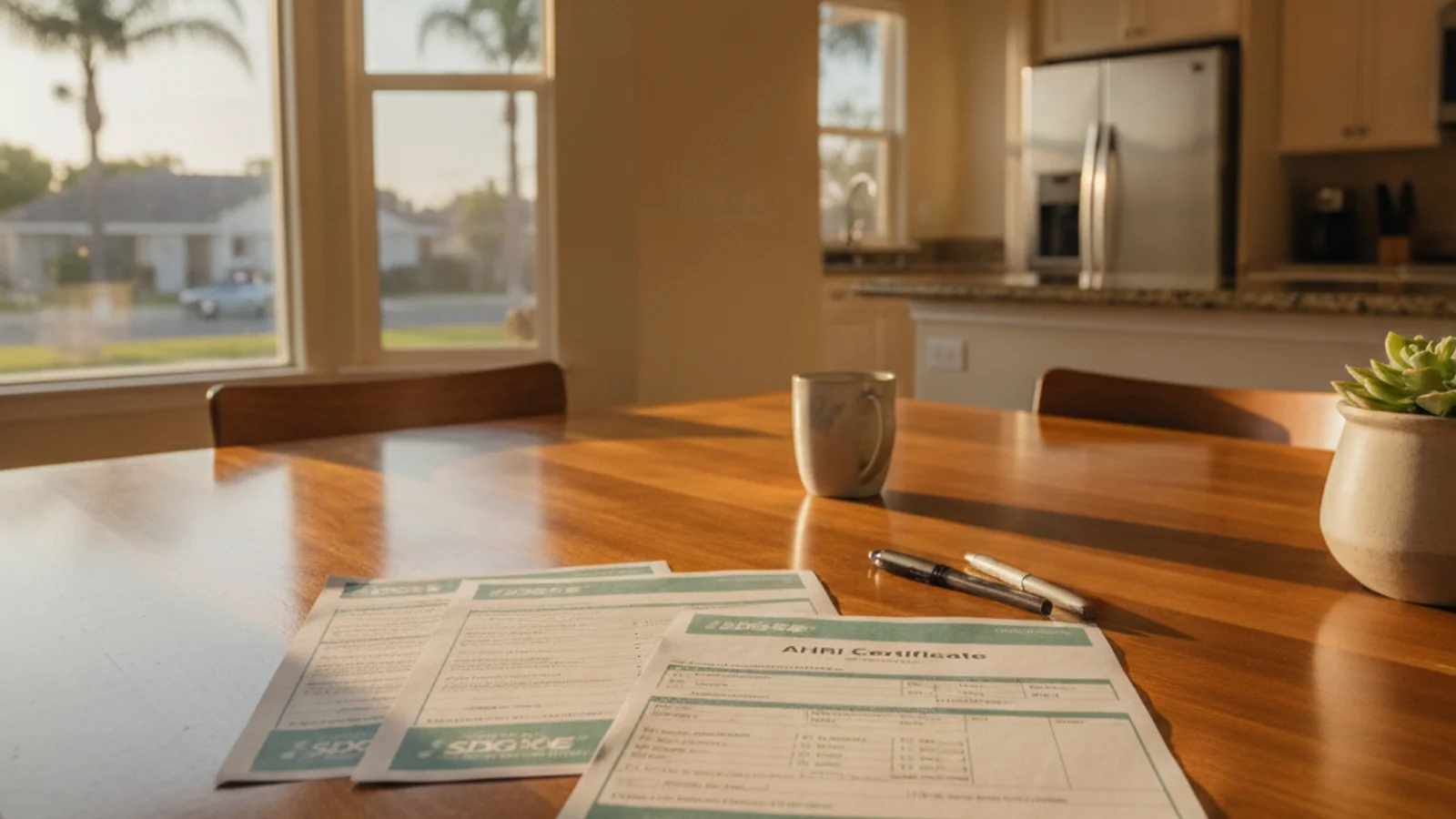 SDG&E rebate forms and a heat pump AHRI certificate on a San Diego kitchen table