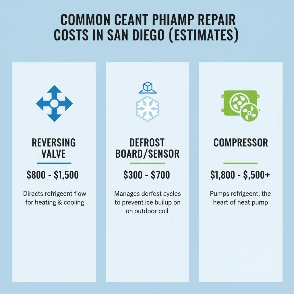 Infographic showing typical repair costs in San Diego for common heat pump components like the reversing valve, defrost board, and compressor.