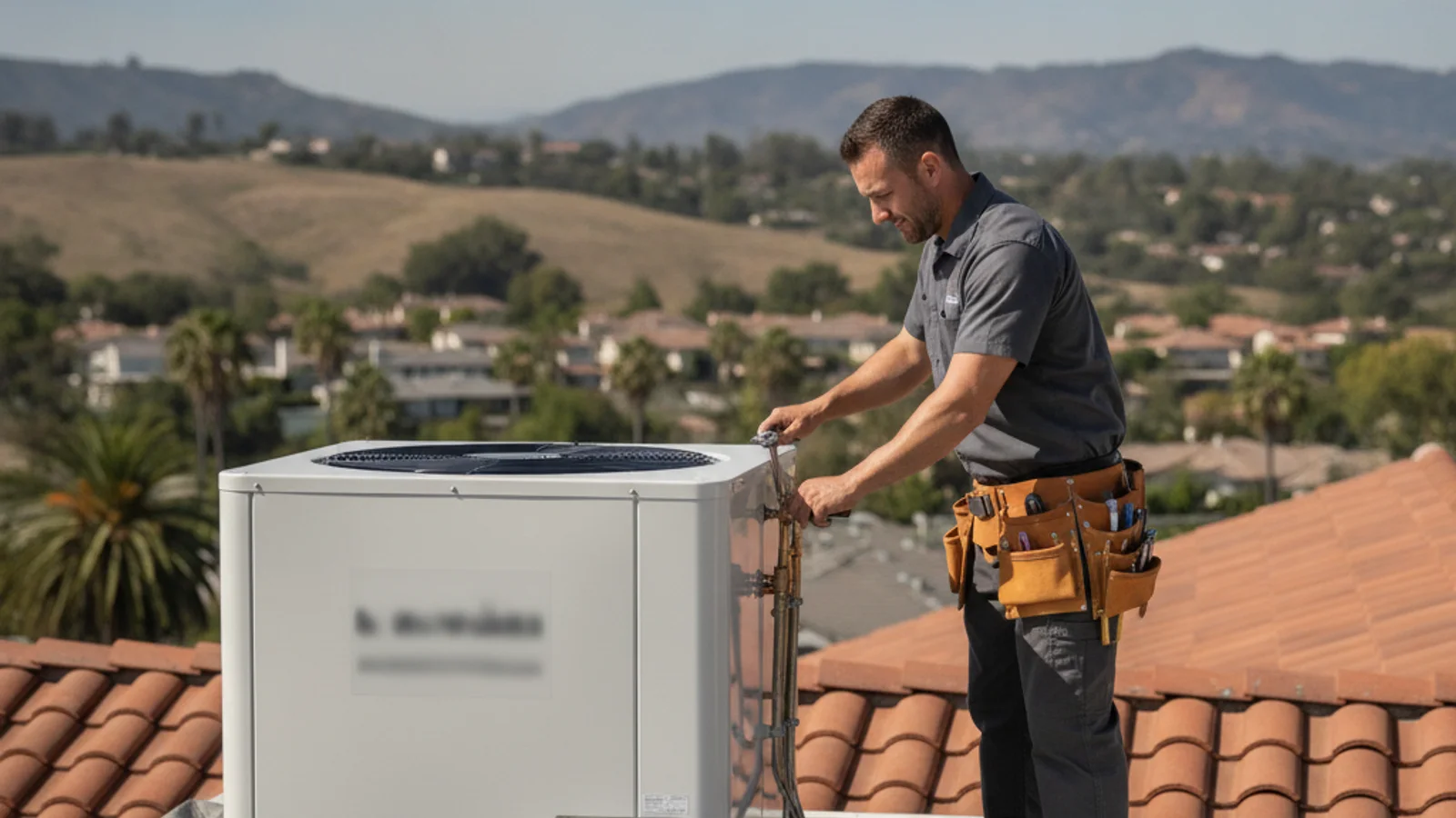 Technician testing an outdoor heat pump unit at a home in the Escondido valley with dry hills in the background