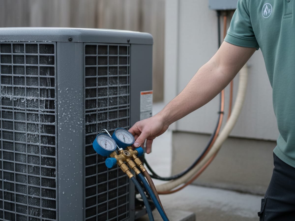 Close-up of a heat pump service port with a refrigerant manifold gauge attached during a winter heating-mode diagnostic