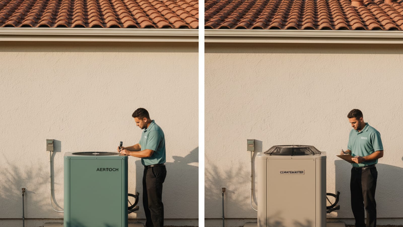 Side-by-side view of a modern heat pump condenser next to a traditional AC condenser and gas furnace flue at two matching San Diego homes