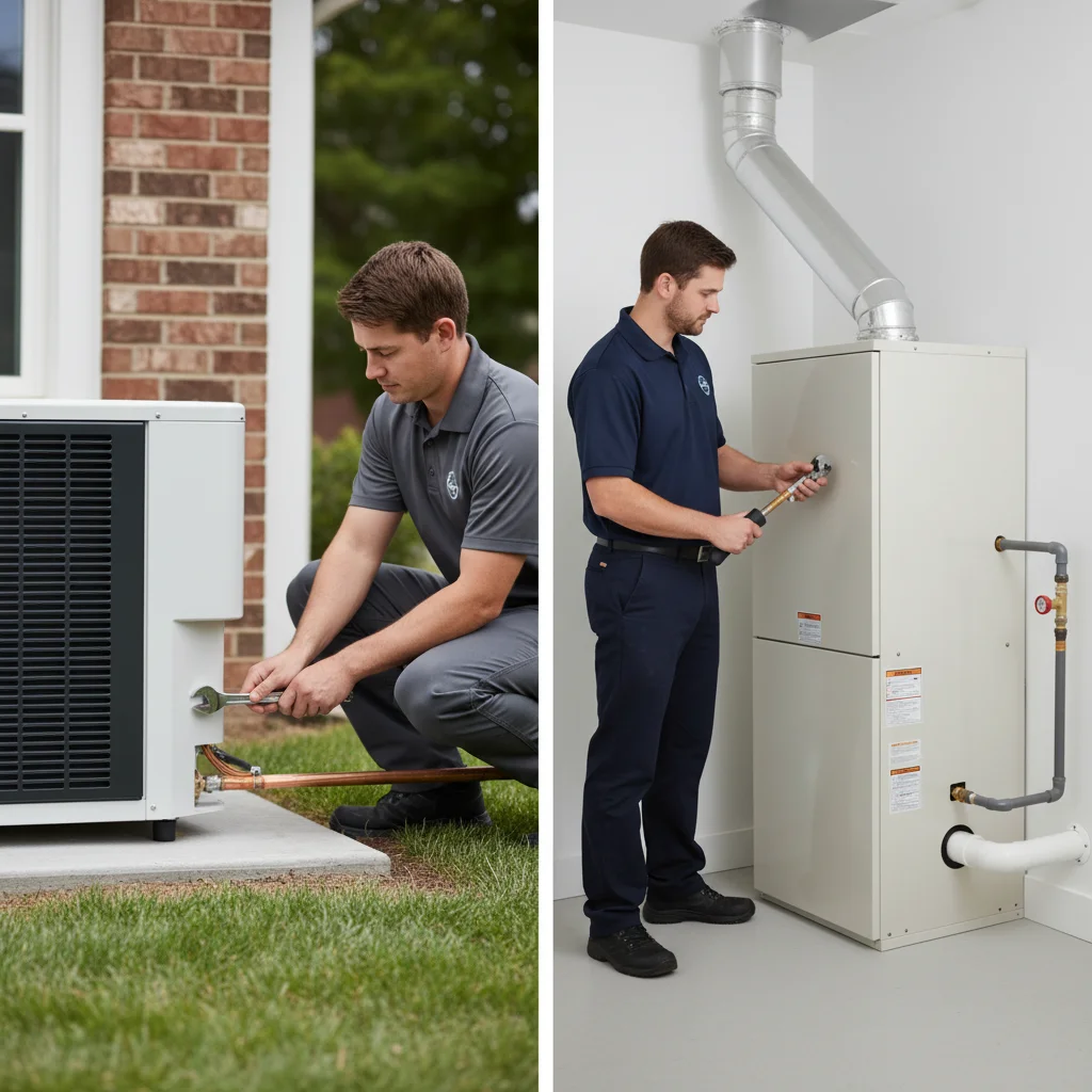 Side-by-side comparison of a modern outdoor heat pump unit and a high-efficiency gas furnace in a home setting