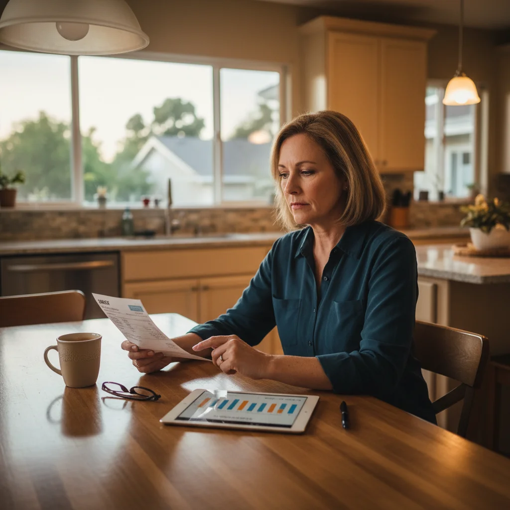 Homeowner reviewing an SDG&E utility bill at a kitchen table with a tablet showi