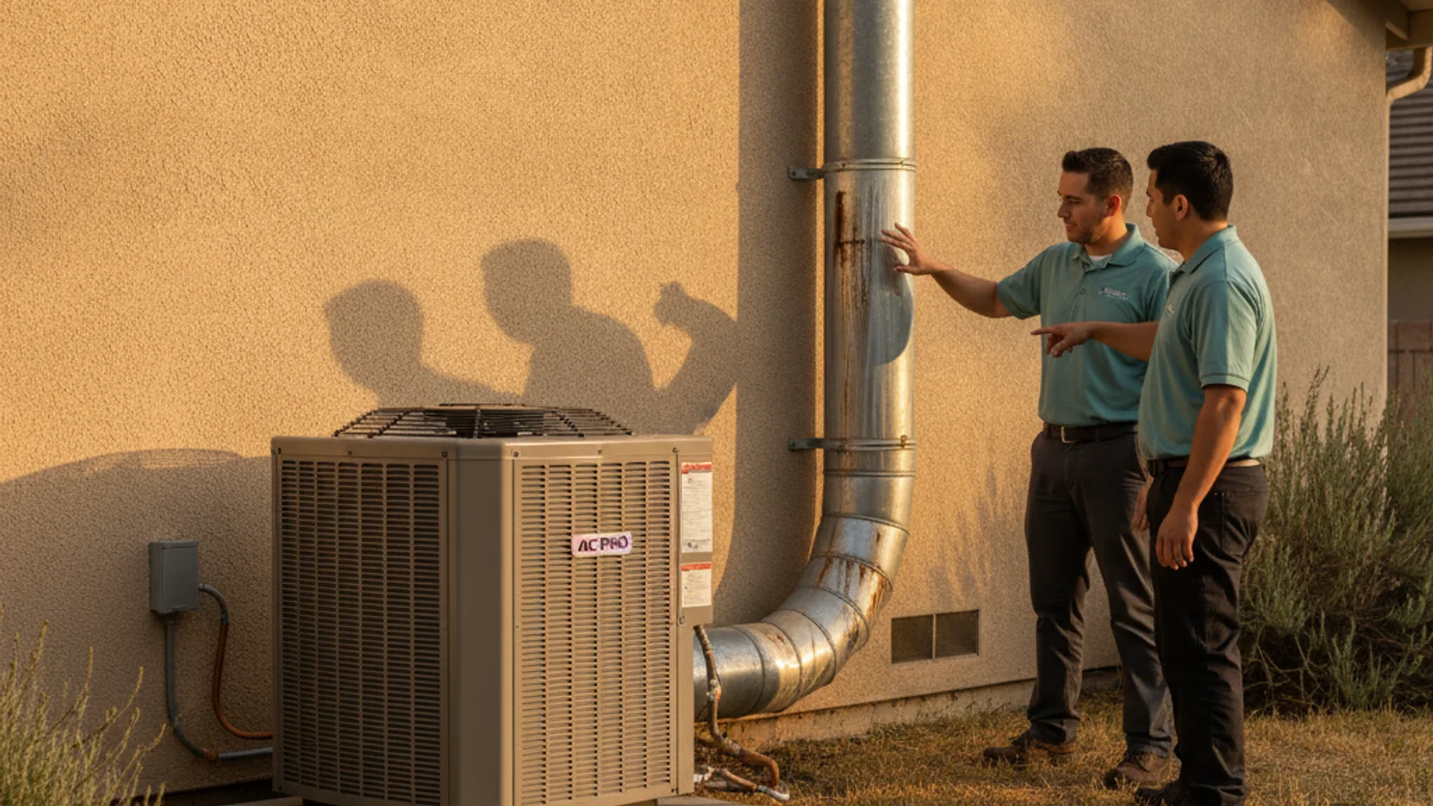 Heat pump outdoor unit alongside a gas furnace flue showing both heating system types