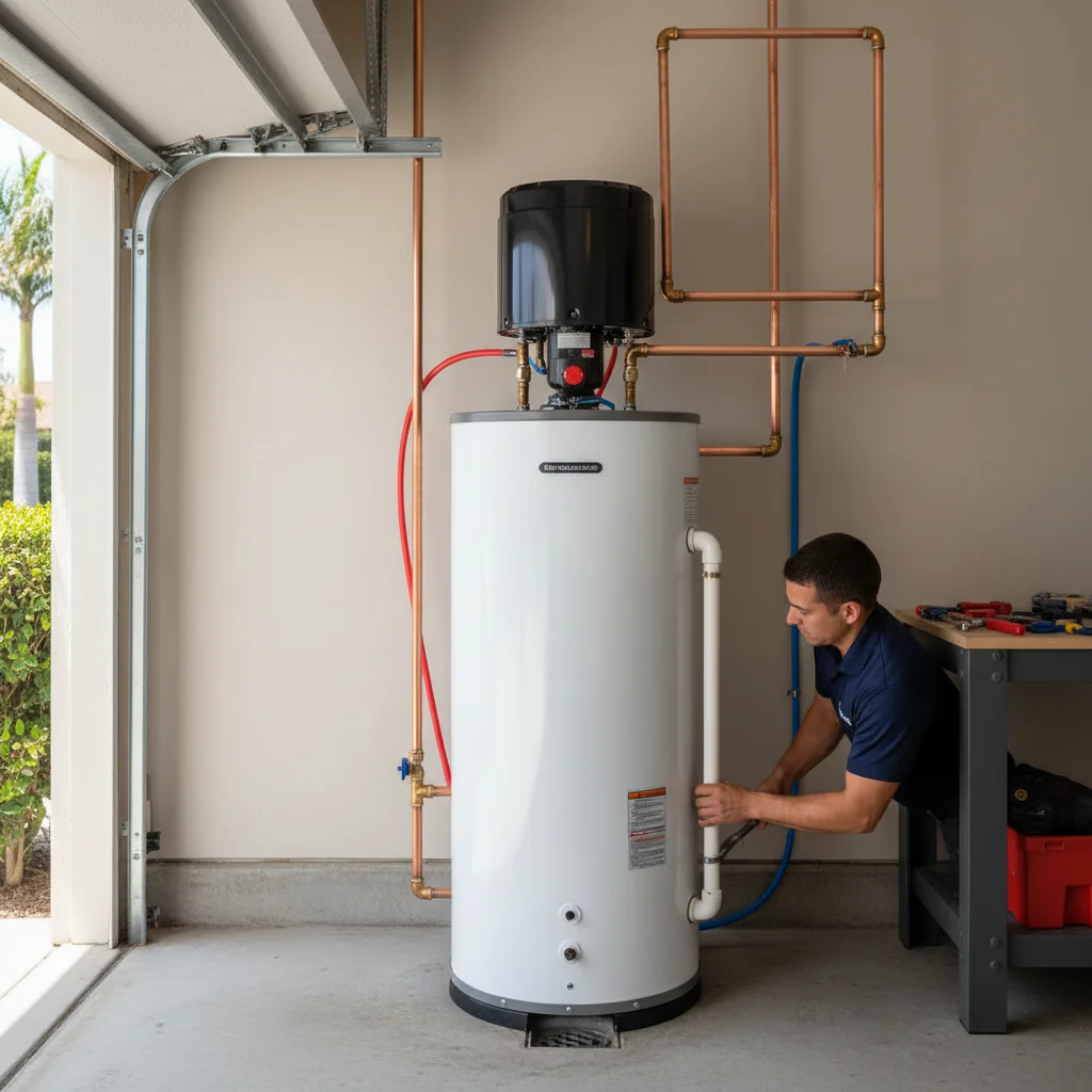 Heat pump water heater installed in a San Diego garage with neat copper line work and a clean utility space