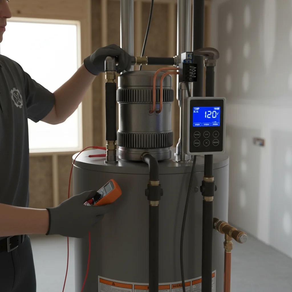 Close-up of the top of a heat pump water heater showing the compressor unit and 