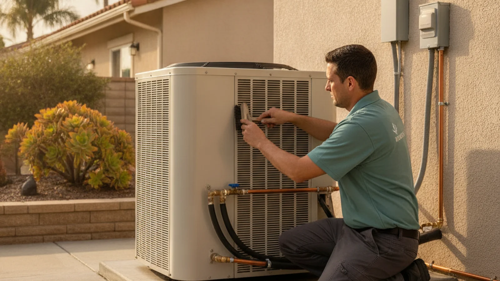 HVAC technician servicing an outdoor air conditioning condenser unit during a summer tune-up in San Diego