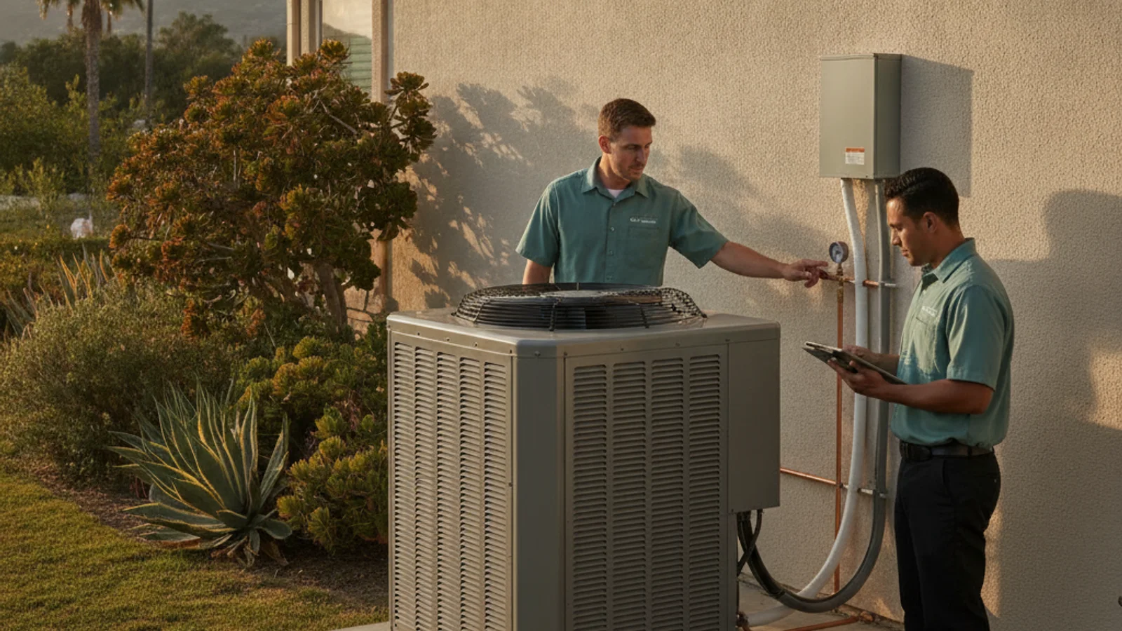 Outdoor heat pump unit beside a San Diego home, the same equipment that heats and cools from one system