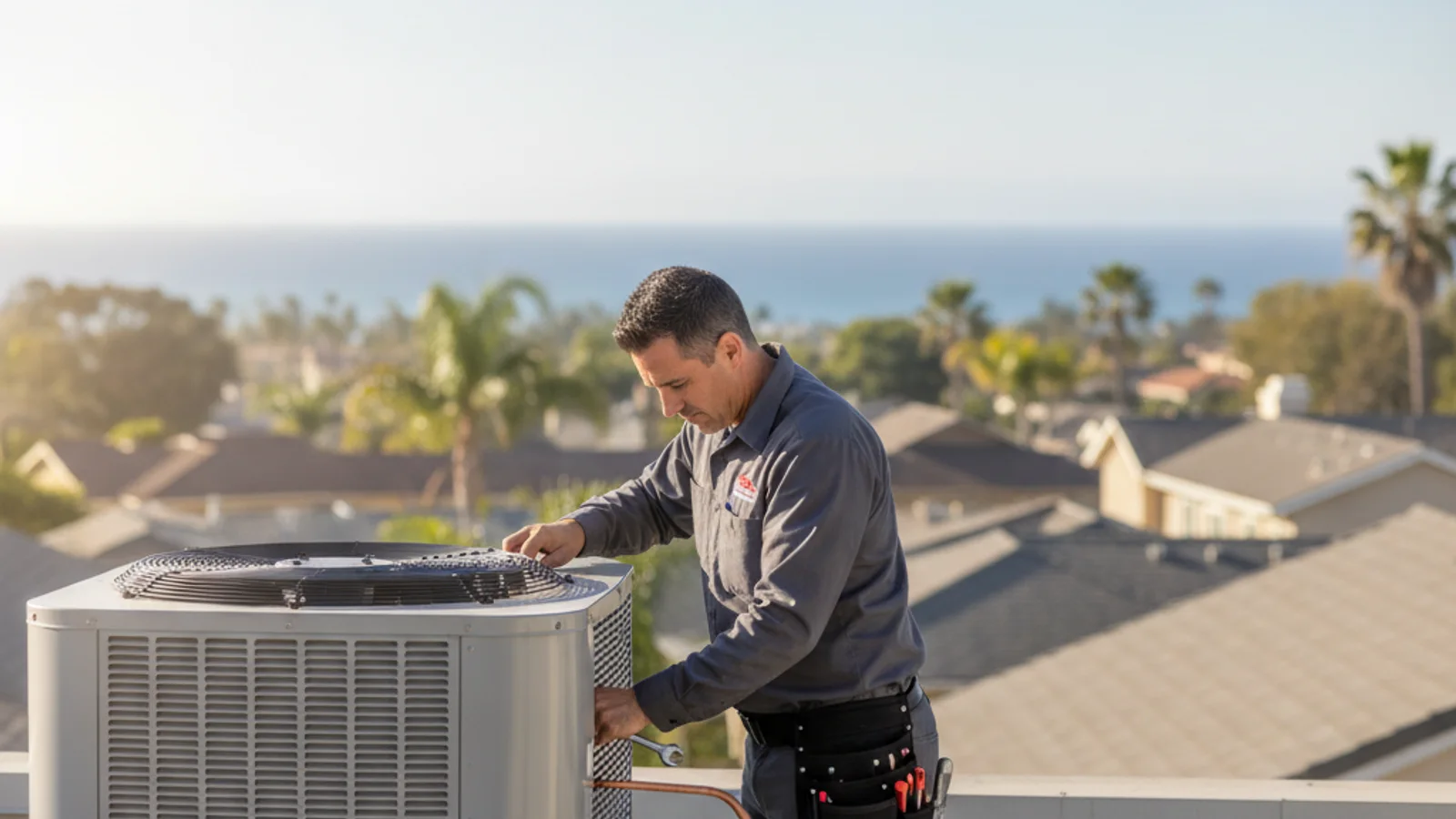 HVAC professional inspecting a heating system in a Carlsbad home on a cool coastal morning