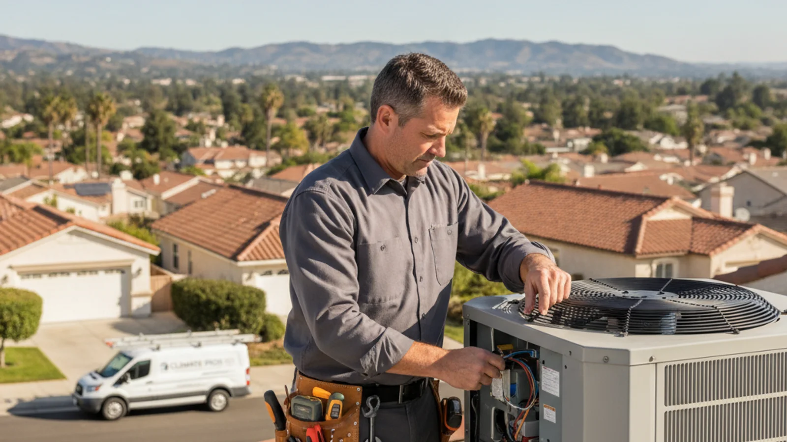 An outdoor heat pump unit running in heating mode beside a Vista home on a cool inland morning