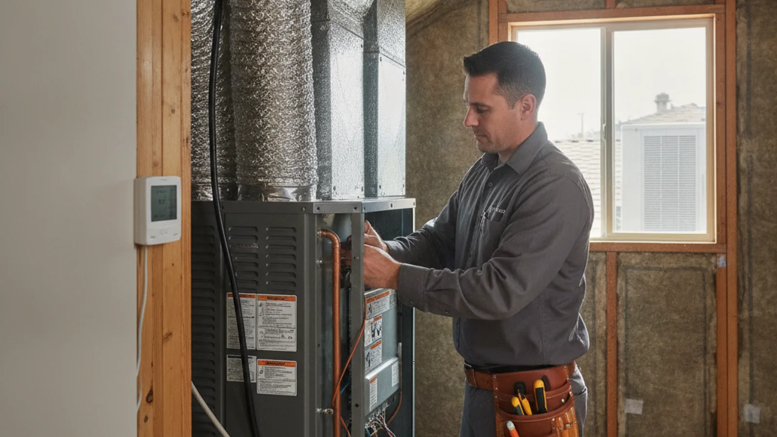 New heating equipment being installed in the garage utility closet of a San Marcos hillside home