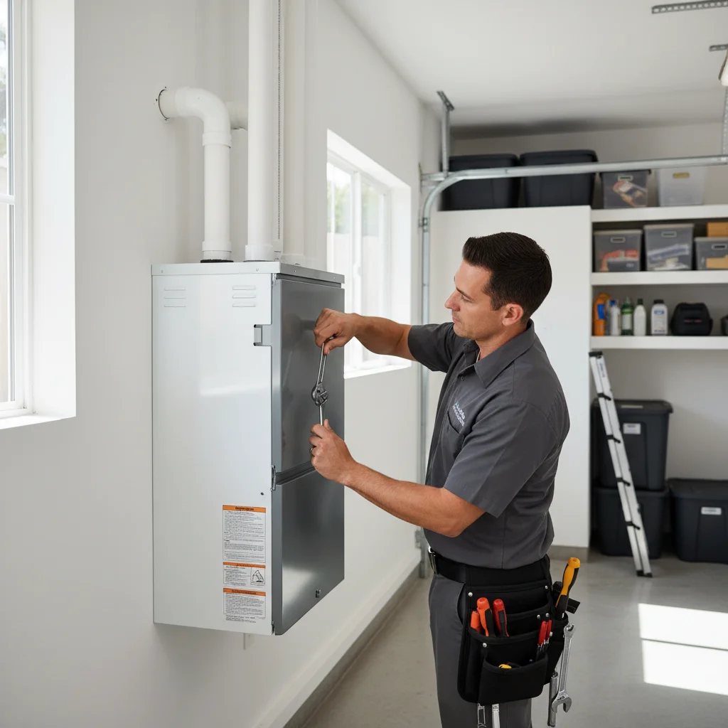 Modern high-efficiency condensing gas furnace installed in a clean San Diego garage.