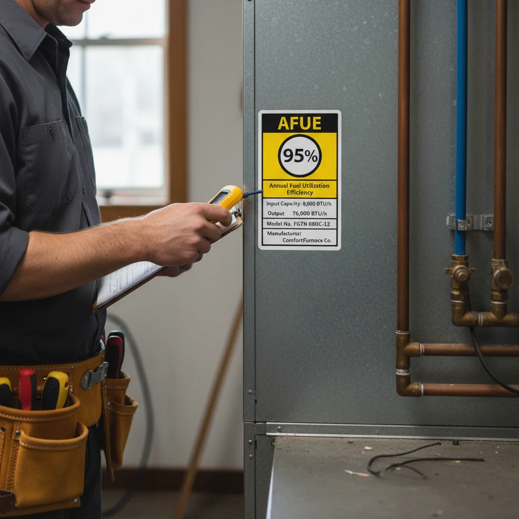Close-up of a furnace's AFUE rating label showing its efficiency percentage.