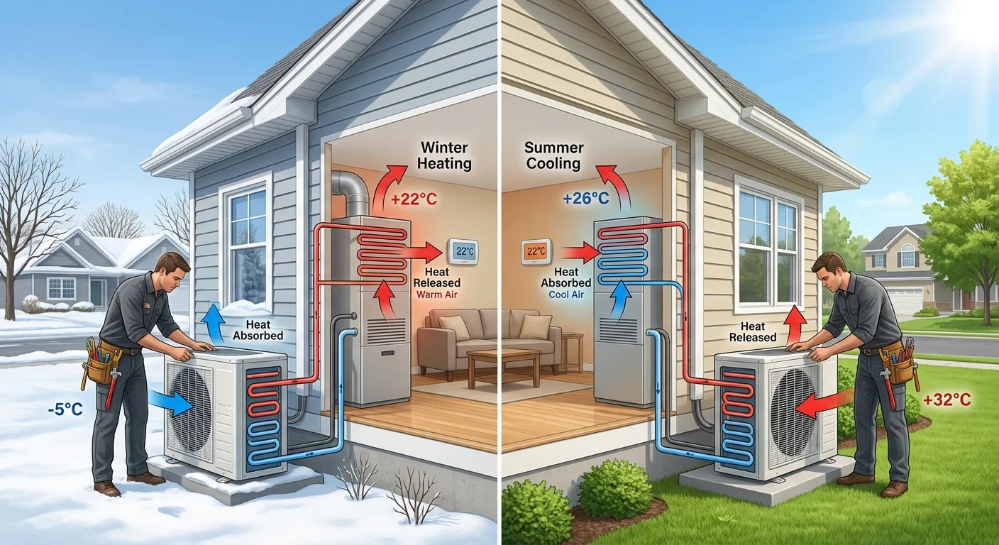 A clean, simple diagram showing a heat pump moving heat from outside to inside a house in winter, and from inside to outside in summer.