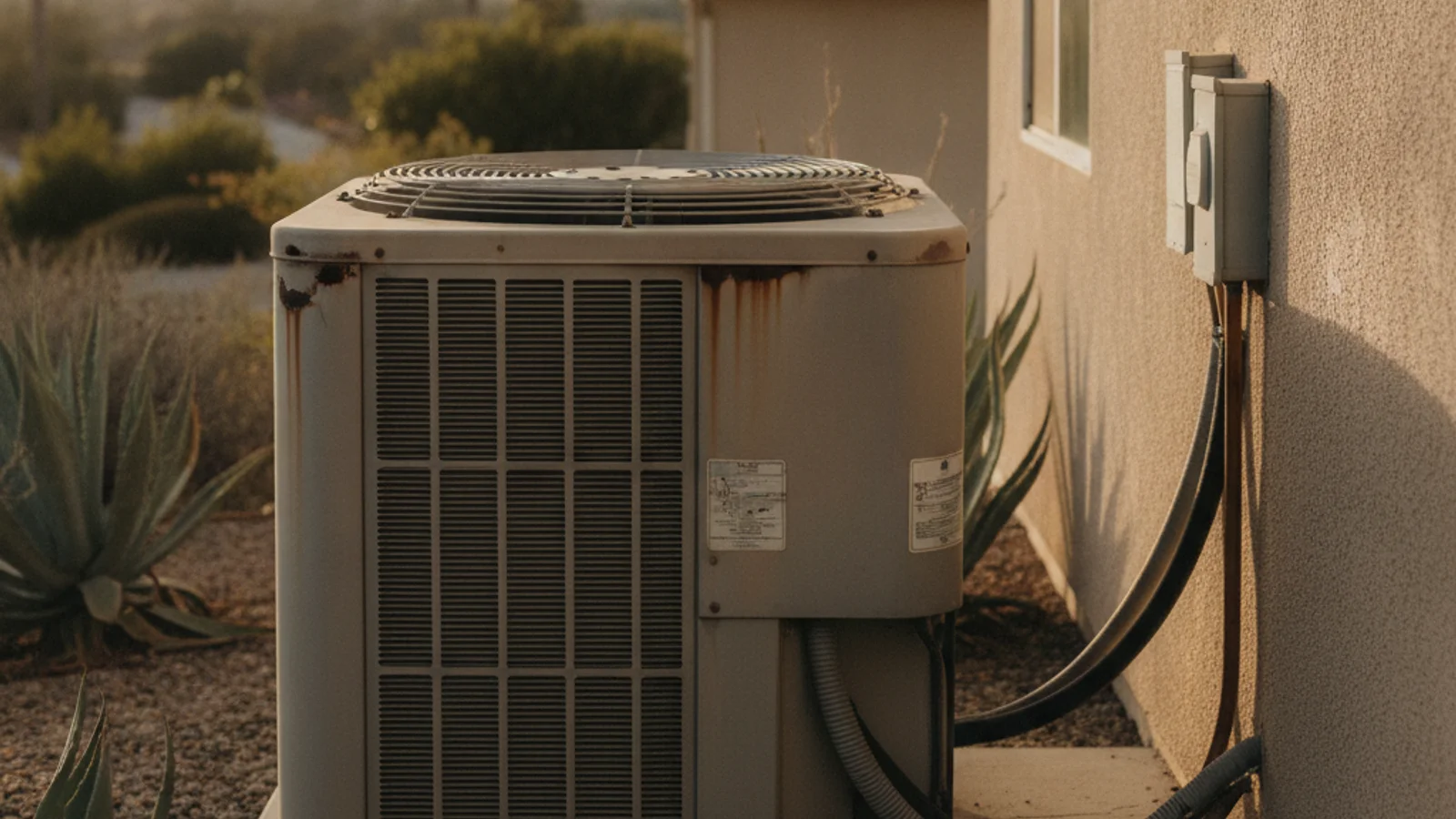Aging outdoor AC condenser unit at the side of a San Diego home with visible weathering