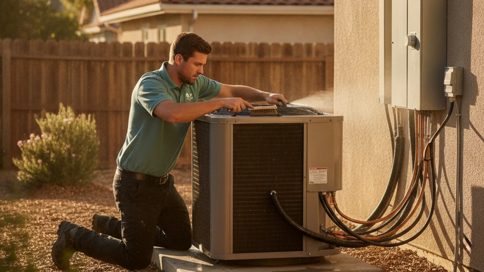 Technician performing seasonal maintenance on a residential outdoor AC condenser unit