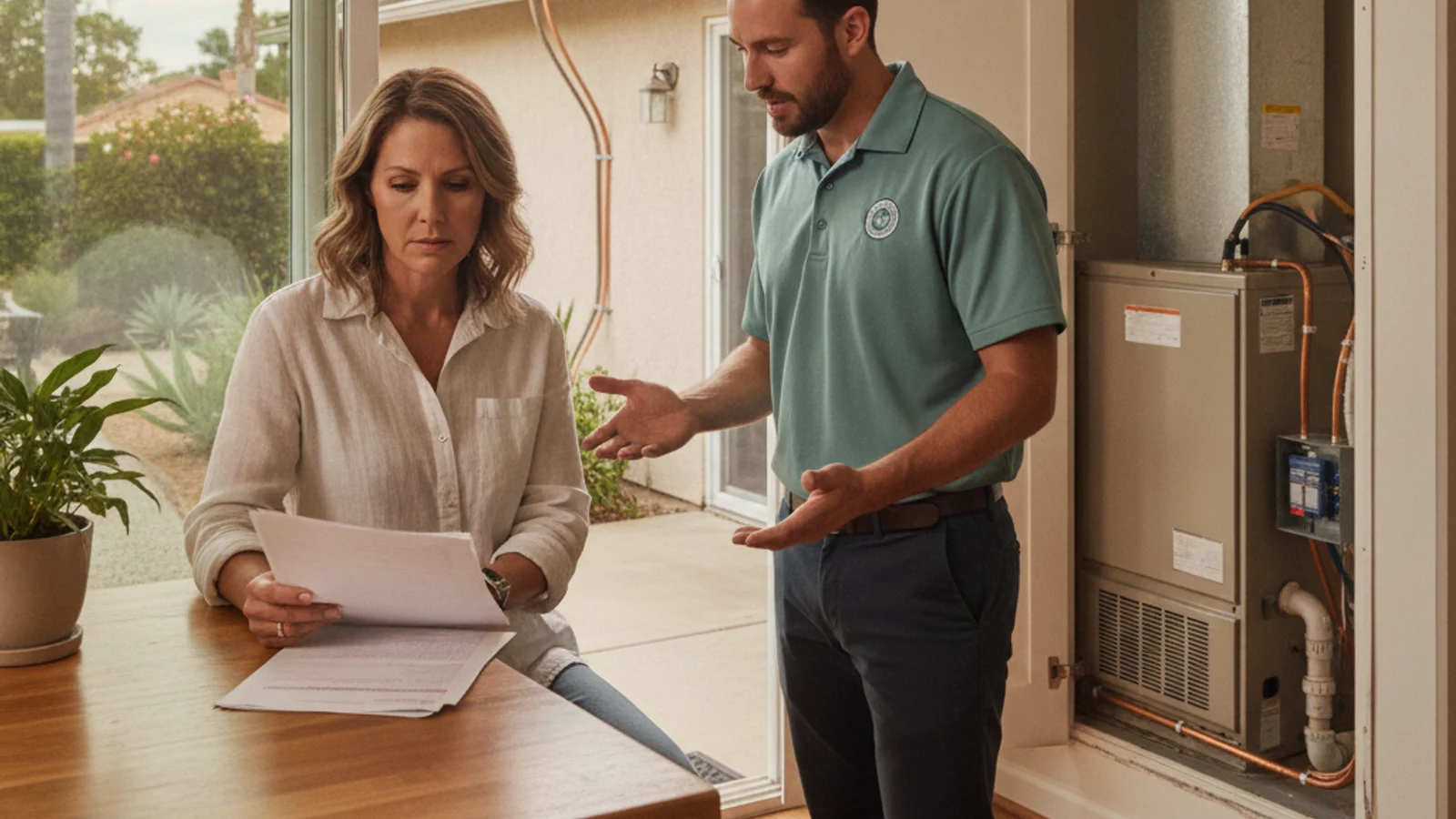 Homeowner reviewing a written estimate from a licensed HVAC contractor in San Diego