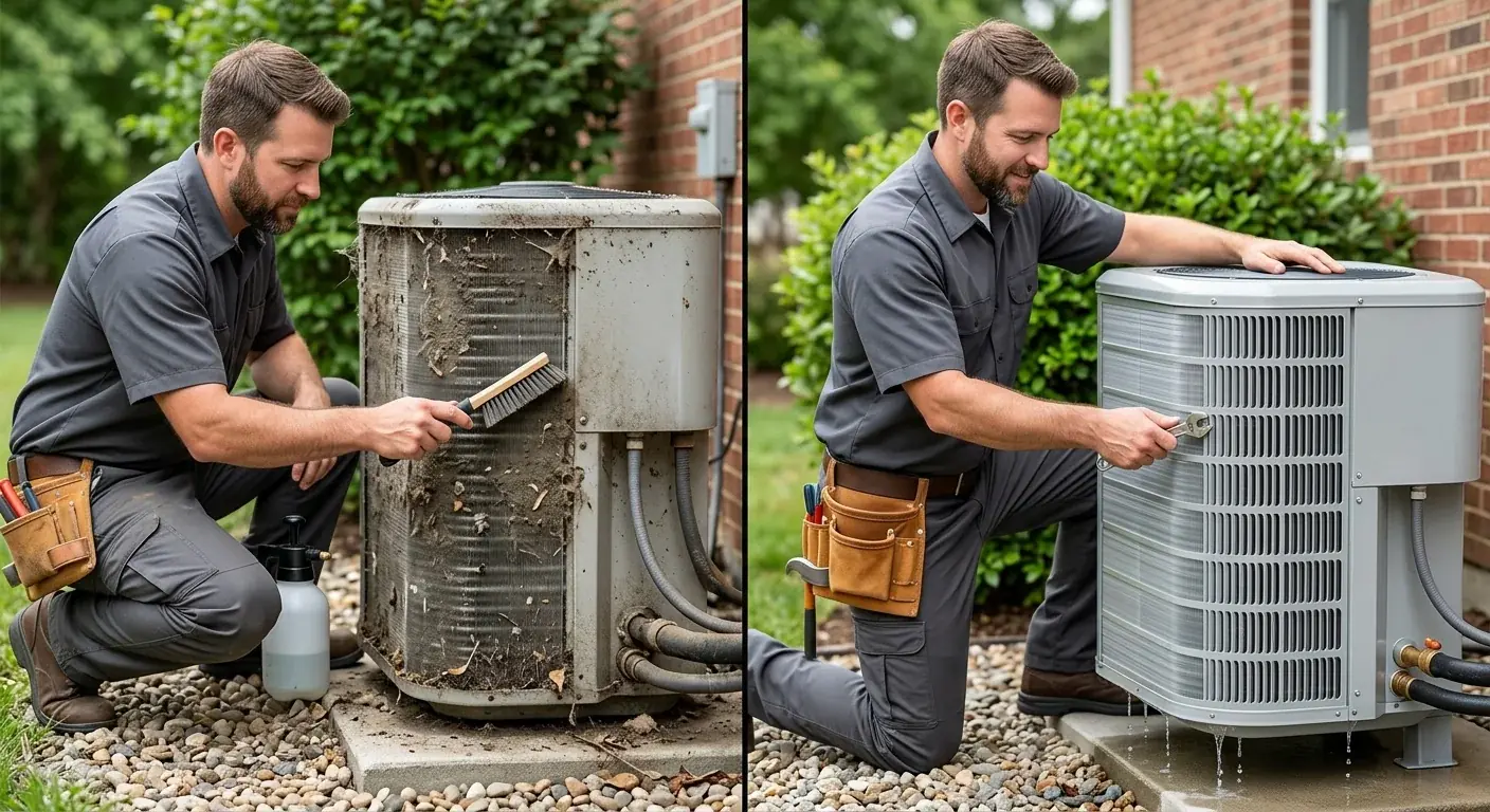 A clear before-and-after split image showing a dirty, dusty AC outdoor condenser coil on the left and the same coil looking clean and new on the right.
