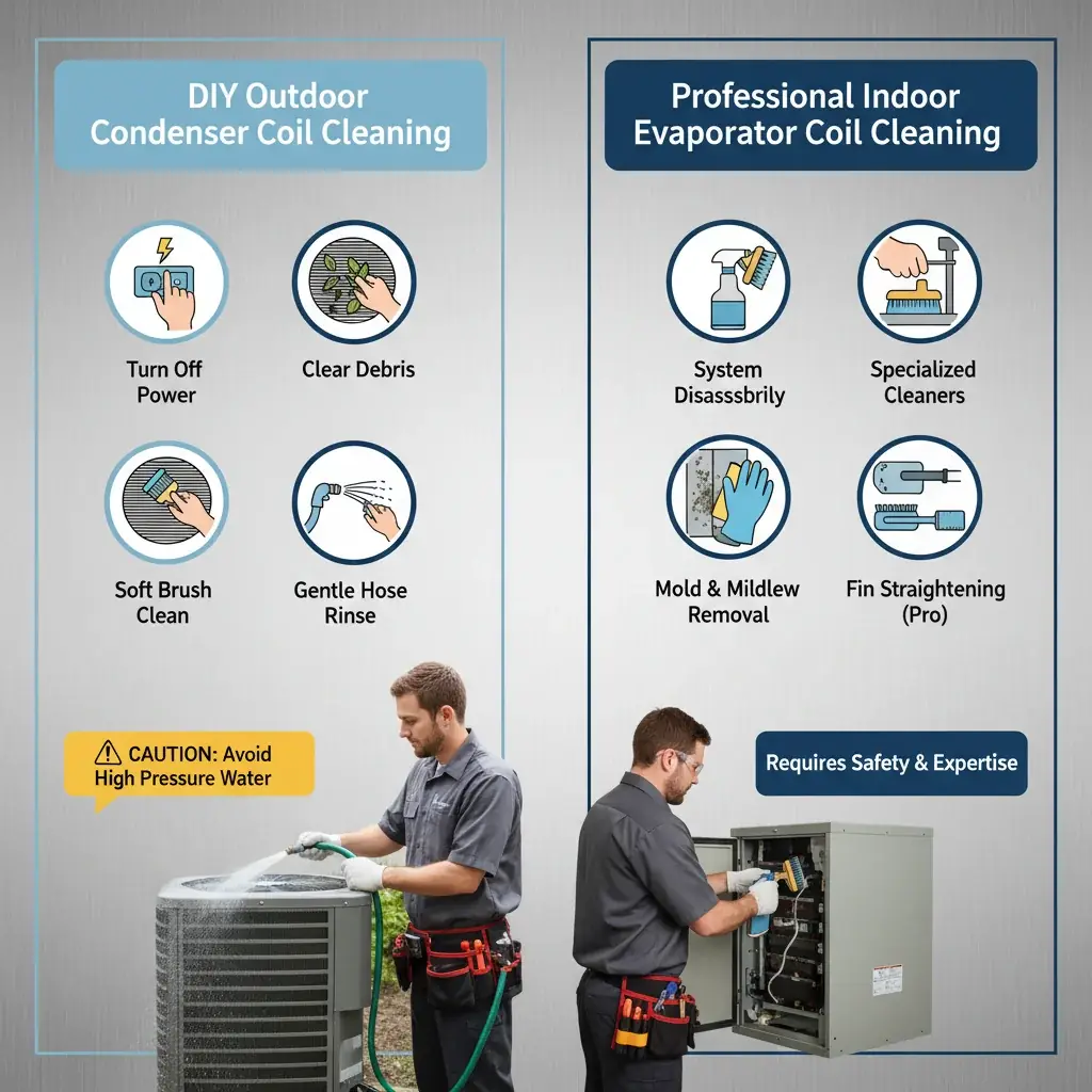 An infographic showing the difference in cleaning methods and safety for outdoor condenser coils versus indoor evaporator coils, highlighting DIY vs. professional tasks.