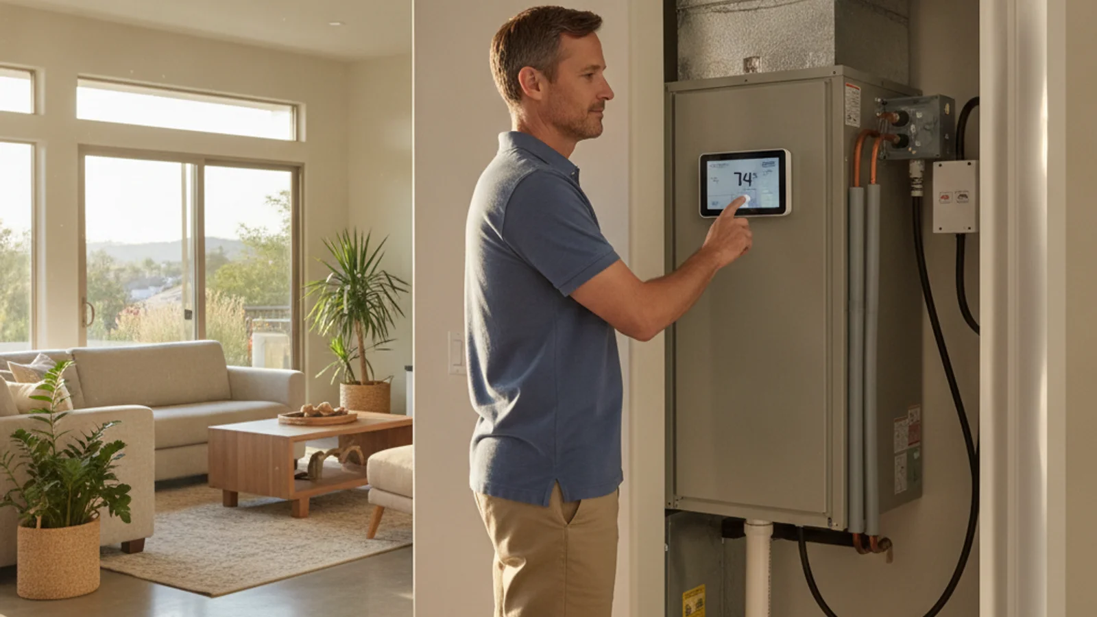 Homeowner at a wall thermostat in a San Diego home preparing to reset the AC