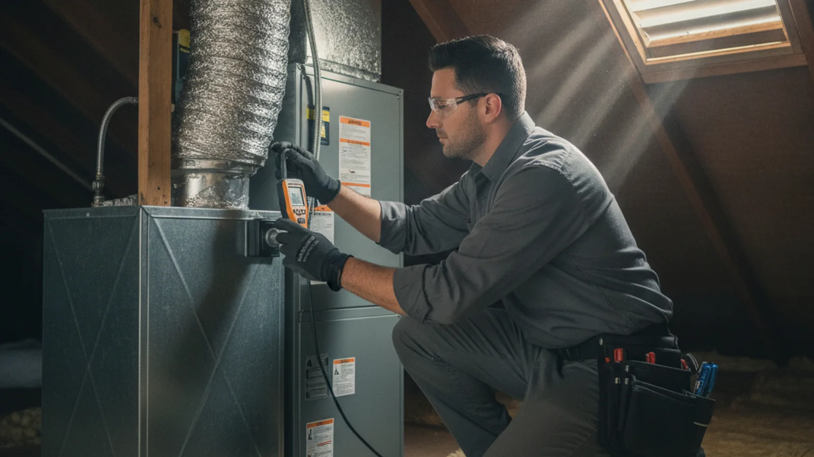 Technician measuring airflow at a ceiling supply register with a balometer in a two-story San Marcos home
