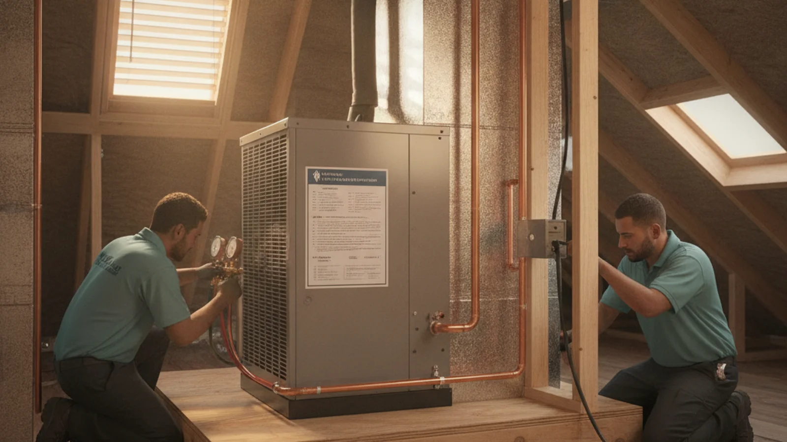 HVAC installation showing equipment label with warranty information visible