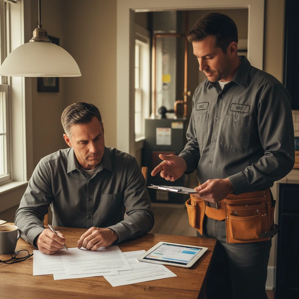 Homeowner reviewing HVAC financing paperwork at a kitchen table with a tablet showing a payment calculator.