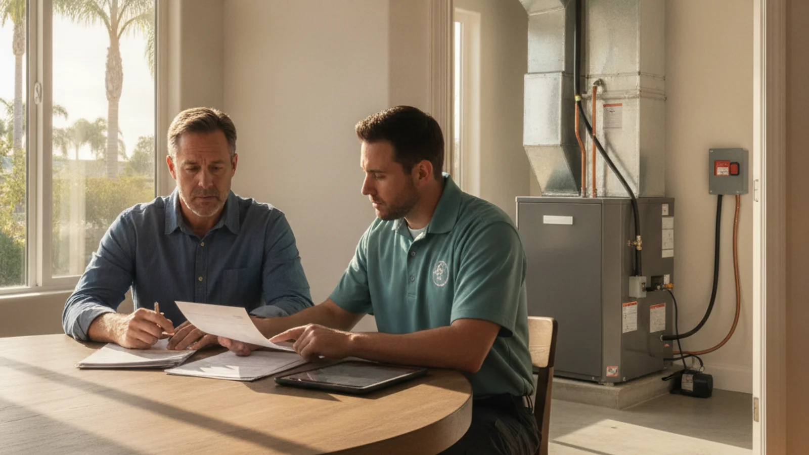 Homeowner reviewing HVAC financing options and contract documents
