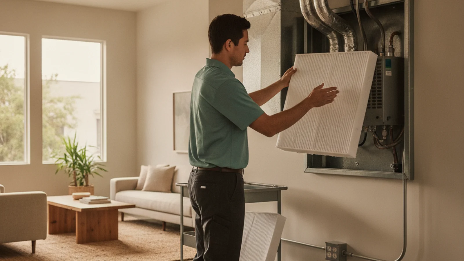 San Diego home interior with HVAC return vent and a high-MERV pleated filter being installed