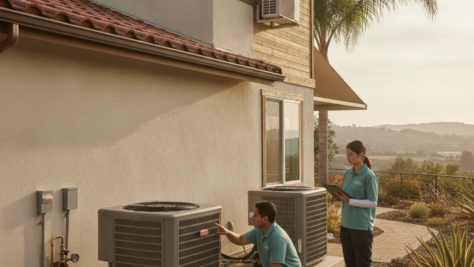 Two-story San Diego home with a central AC condenser and a separate mini-split condenser.
