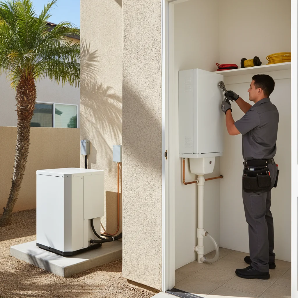 A newly installed split HVAC system in a clean utility closet of a San Diego home.