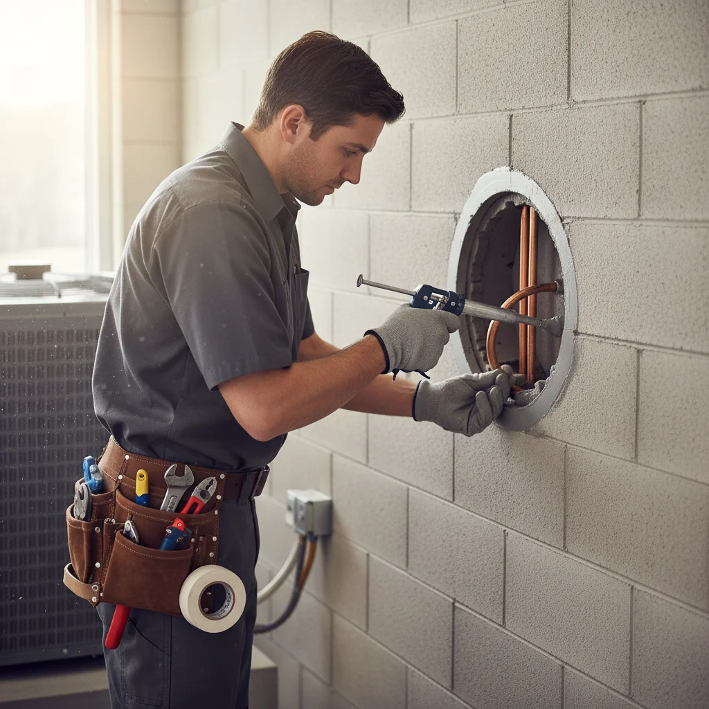 HVAC technician routing copper line set through a wall penetration with neat sealing detail