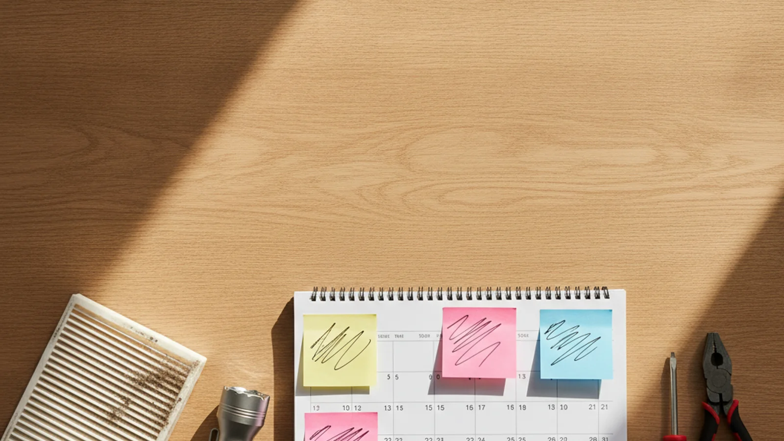 Overhead flat-lay of a calendar with sticky note reminders next to an HVAC filter a flashlight and a small set of hand tools on a wood surface