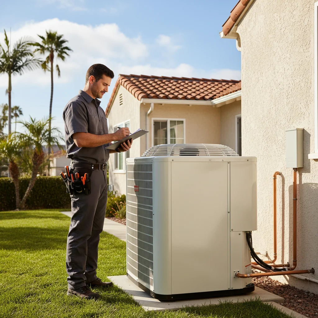 HVAC technician with a checklist clipboard standing next to a clean outdoor AC condenser at a San Diego home