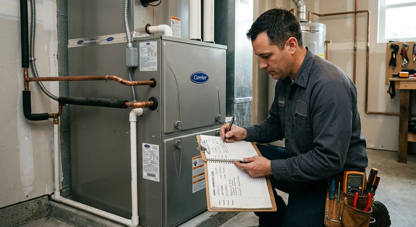 Homeowner recording HVAC equipment details in a maintenance log