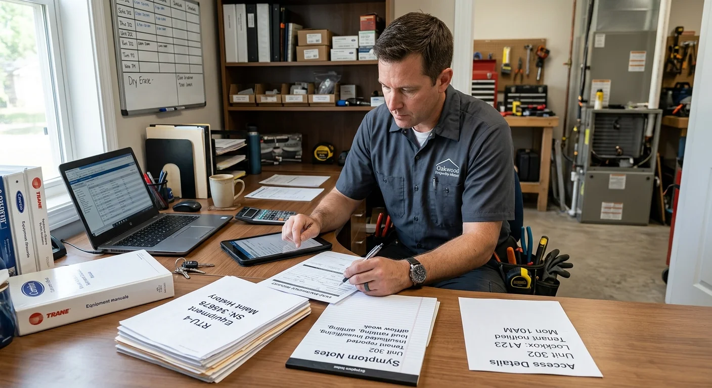 Property manager preparing an HVAC maintenance request from equipment records
