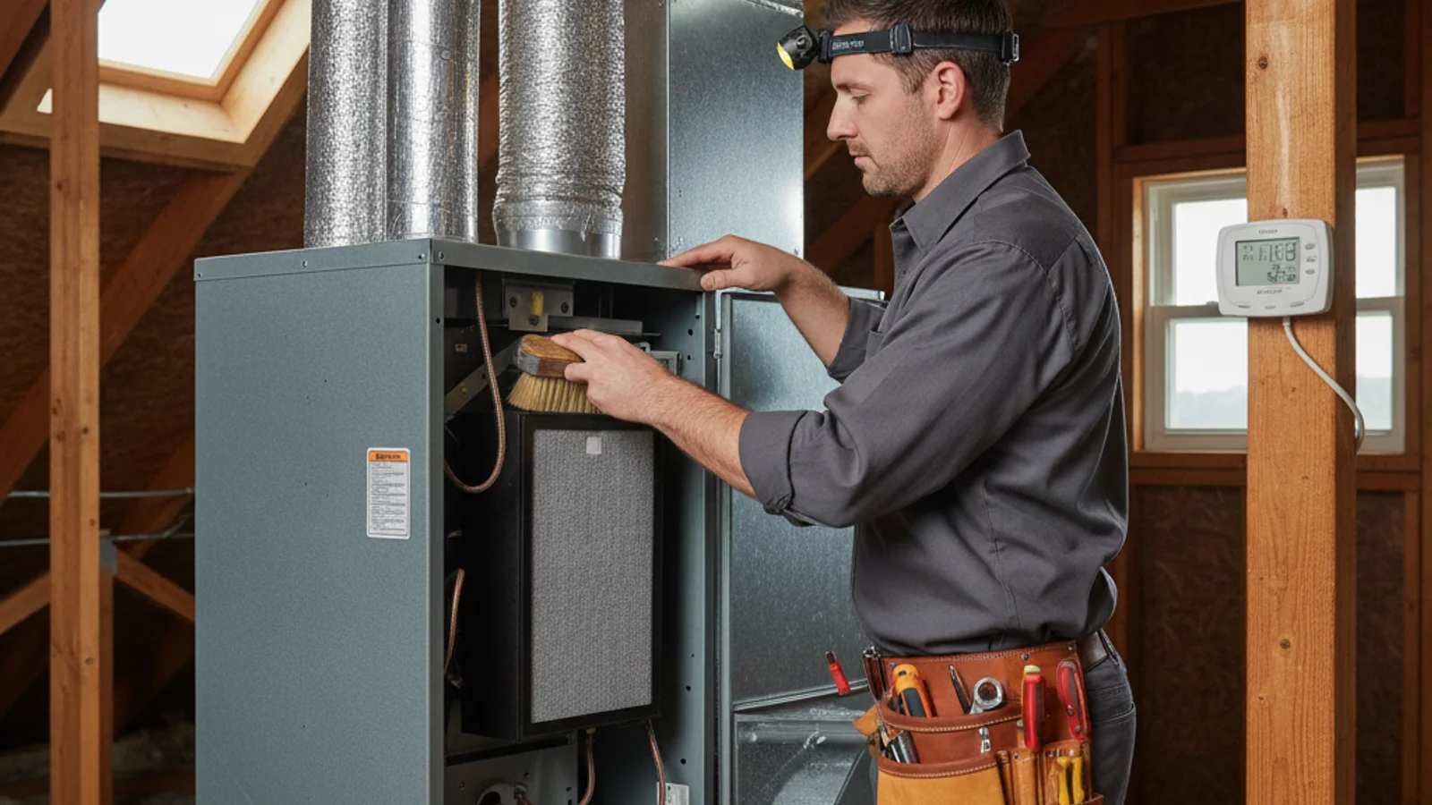 HVAC professional checking an attic-mounted air handler in a Scripps Ranch tract home