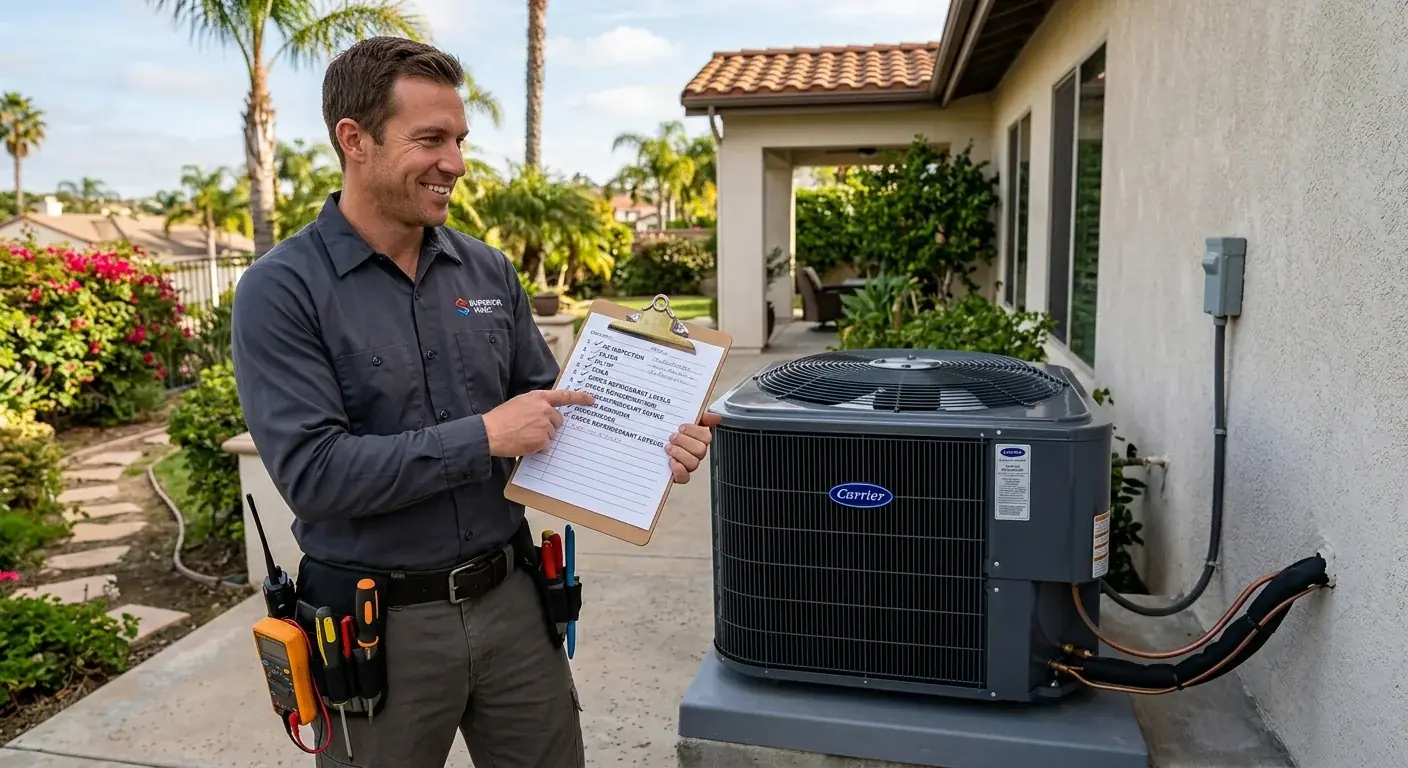 A friendly technician pointing to a checklist on a clipboard while standing next to a clean outdoor AC unit at a San Diego home.