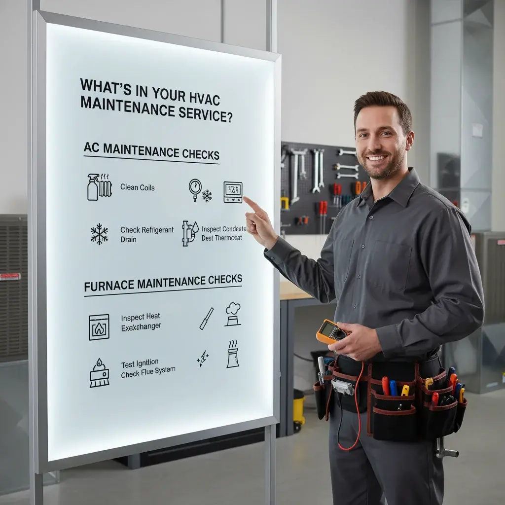 An infographic showing the core components of an HVAC maintenance service, divided into AC checks and furnace checks.