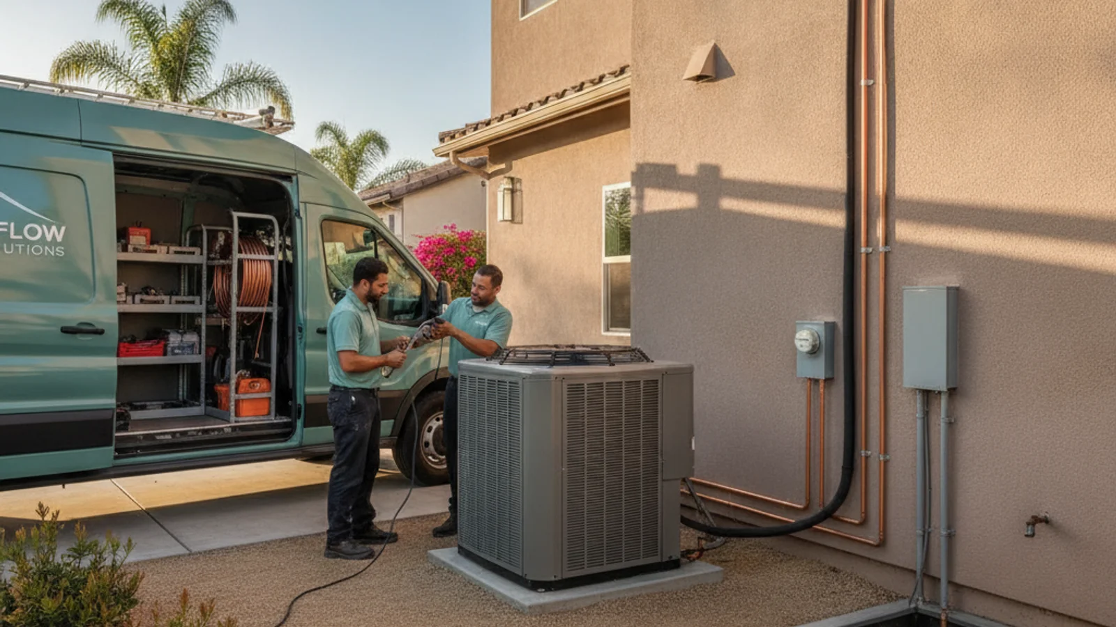 HVAC service van parked at a residential San Diego home