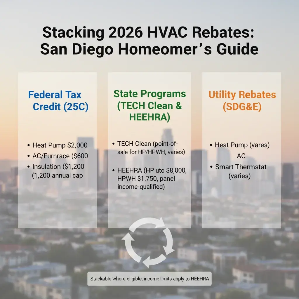 Visual summary of key 2026 HVAC rebates and how they stack across federal, state, and utility programs