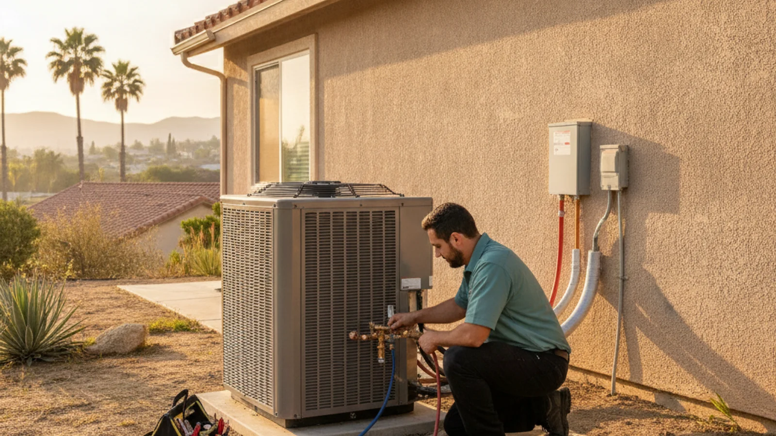 HVAC technician servicing an outdoor unit at a single-family home in El Cajon