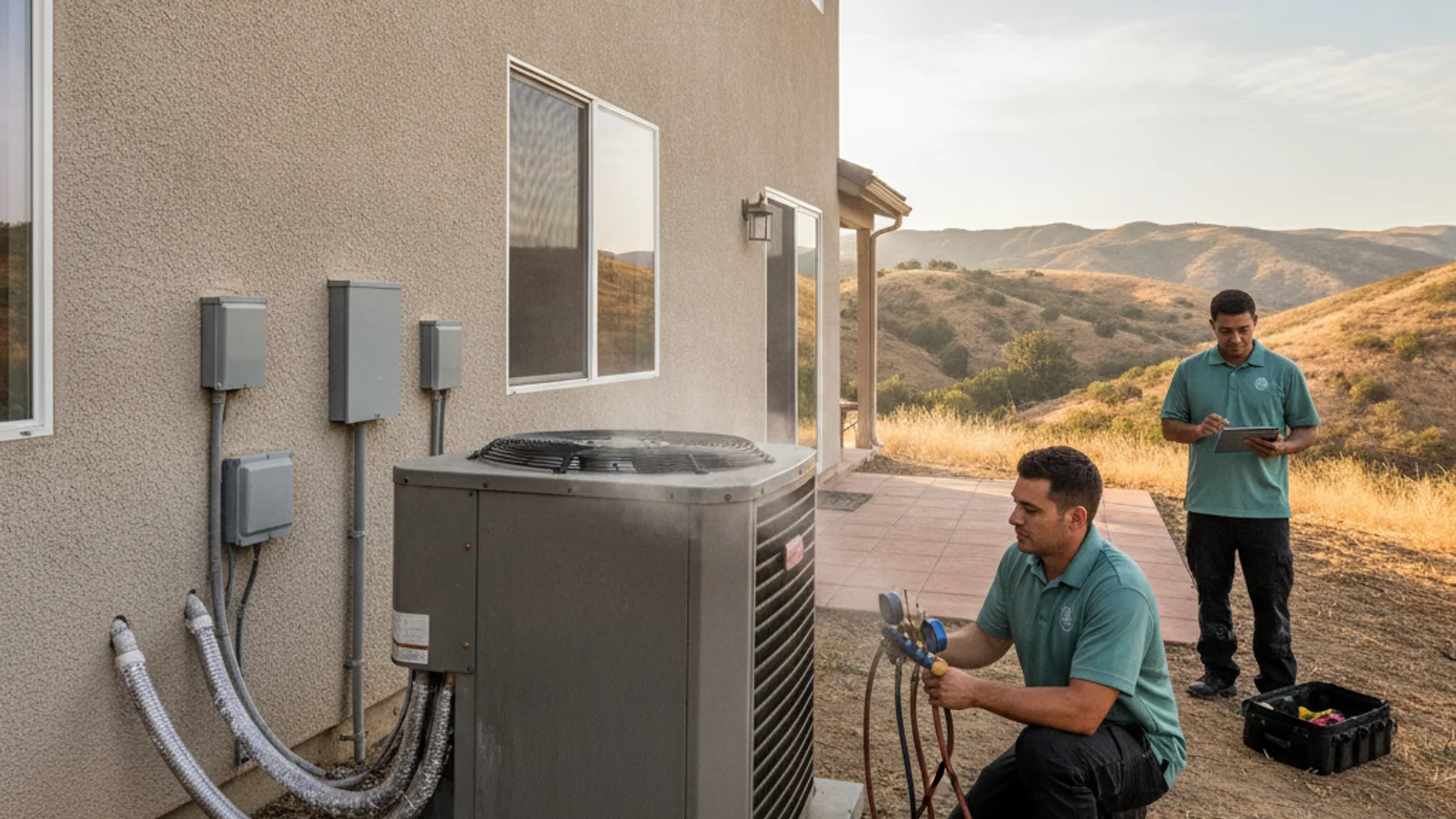 Outdoor HVAC condenser running hard next to a stucco Escondido home with dry inland hills in the background
