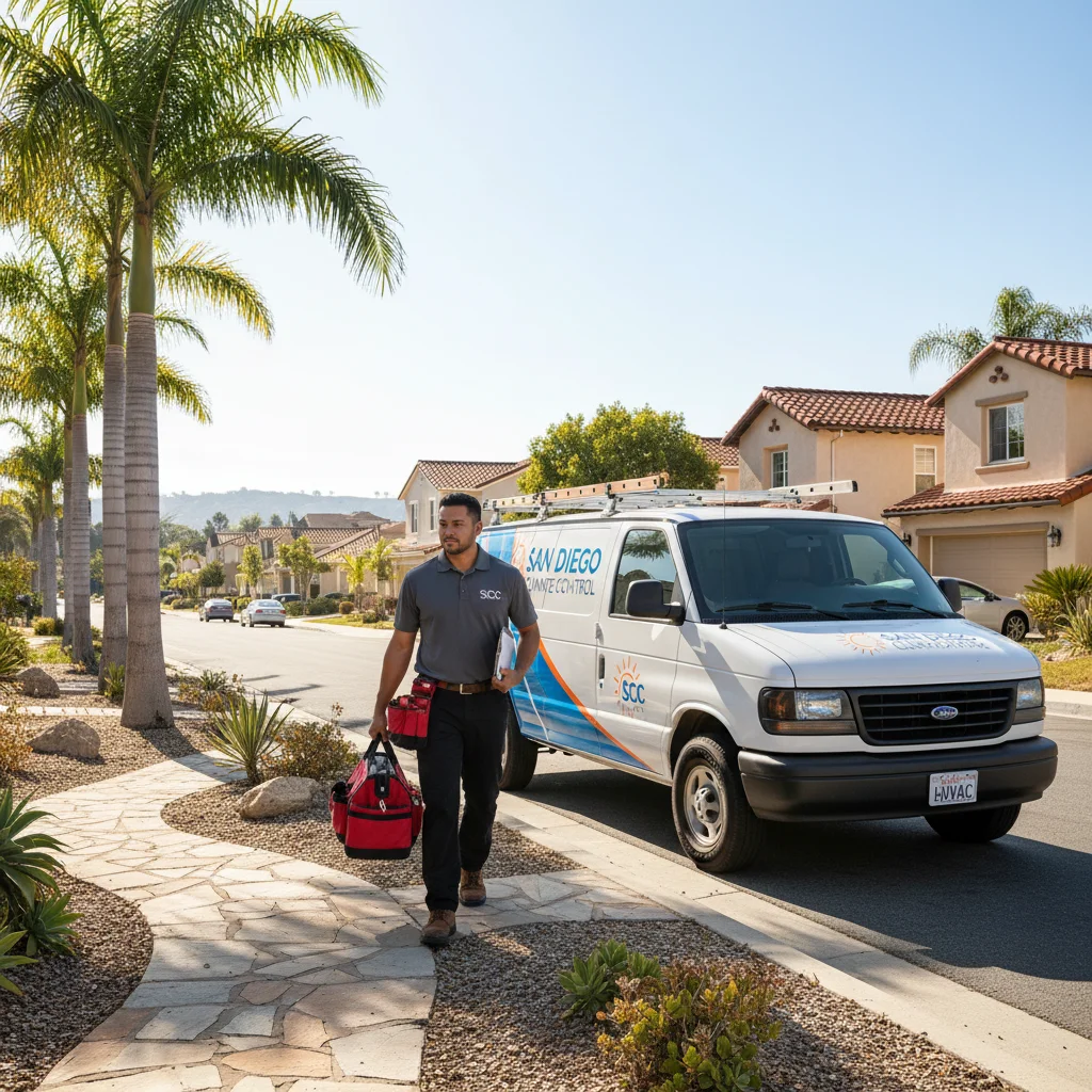 Branded HVAC service van parked in a San Diego residential neighborhood with technician walking to the front door