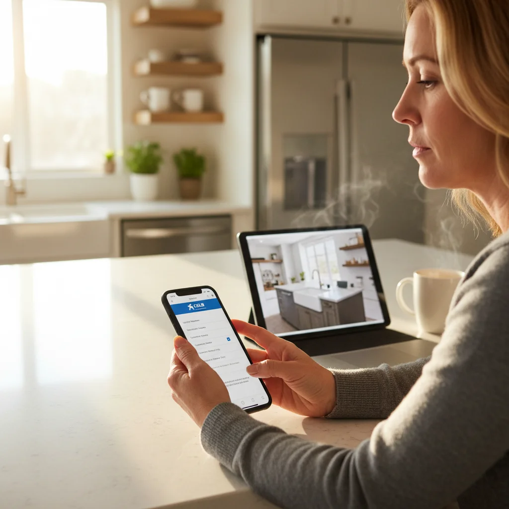 Homeowner on a smartphone reviewing a contractor's CSLB license page, kitchen co