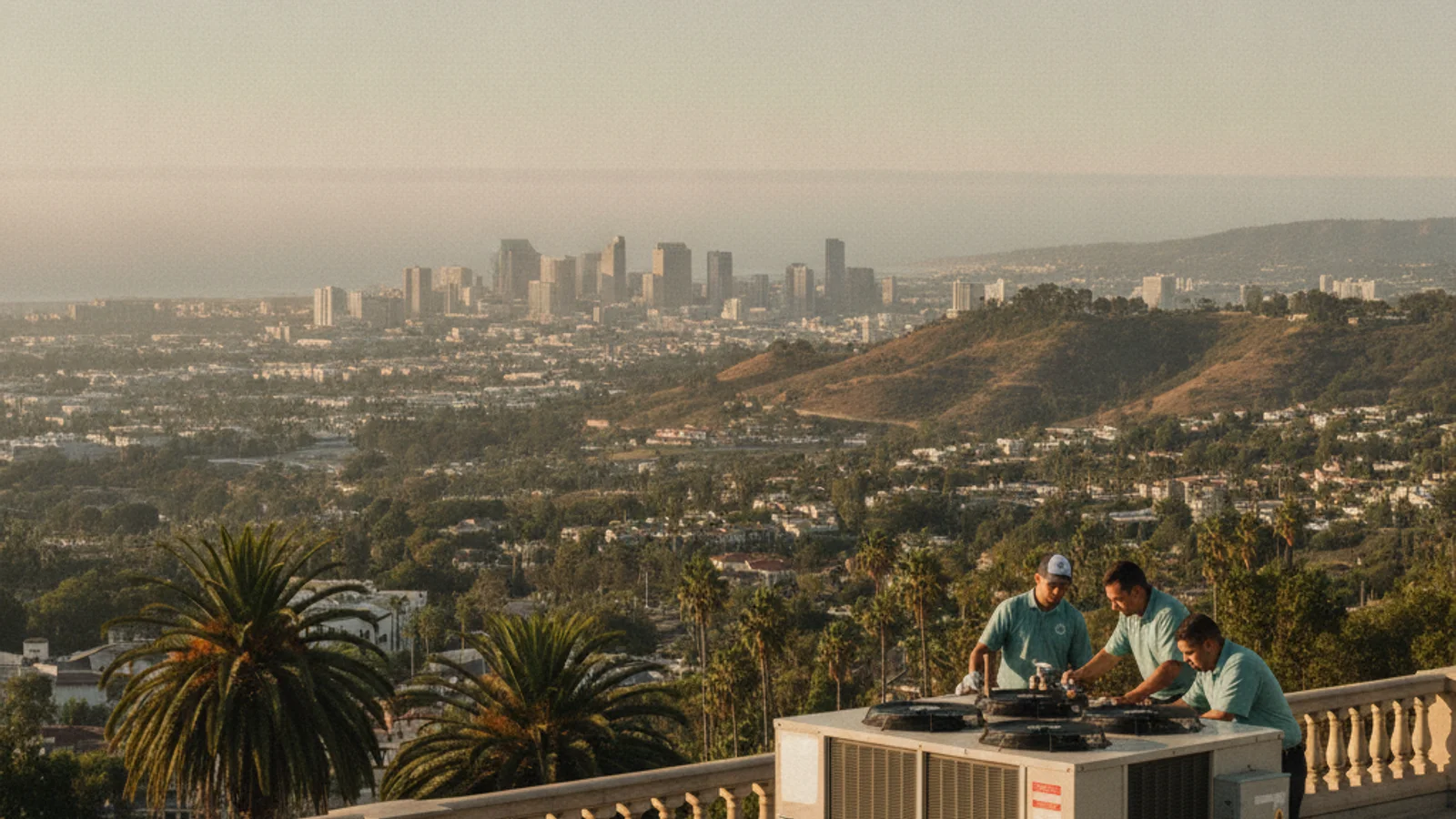 San Diego skyline from Balboa Park, with coastal marine layer visible to the west and inland valleys to the east.