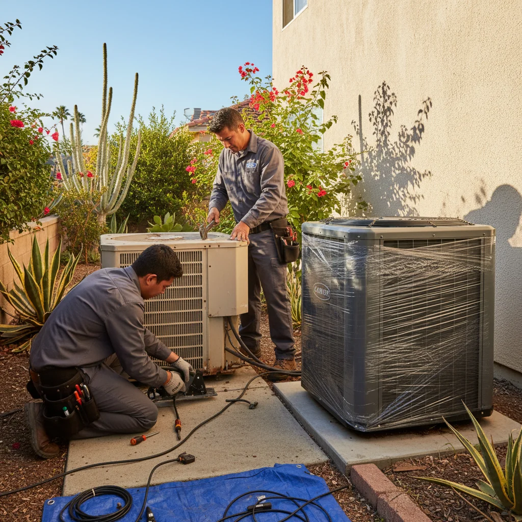Technicians removing an old, rusted AC condenser next to a new unit on a concrete pad in a San Diego home's side yard.